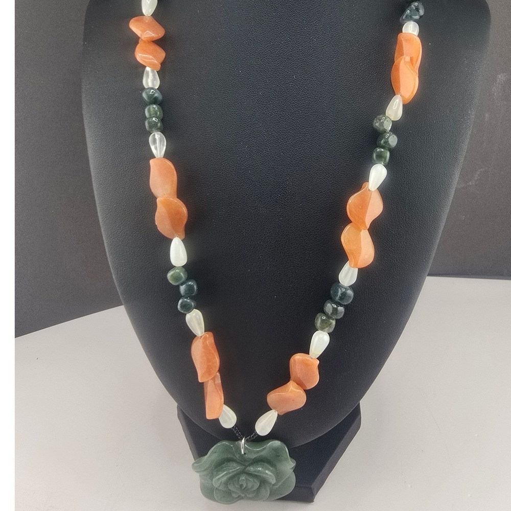 Vintage Estate Necklace Beggars Bead Green Orange Stone Carved Flower  20in